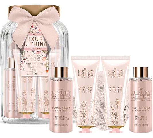 Set regalo in barattolo di vetro Peonia, Pesca e Lampone | 5pz Cura del corpo